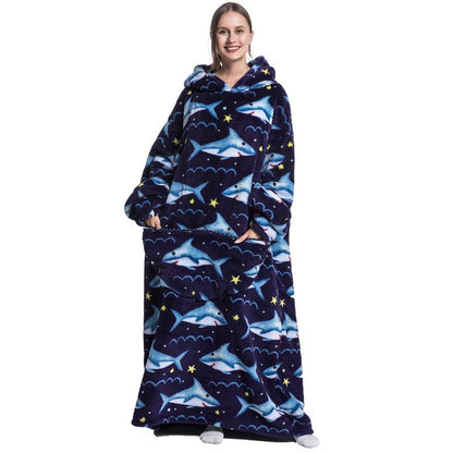Cute Cartoon Print Comfortable Hoodie Blanket, 1 Count 320Gsm Oversized Comfortable Wearable Hooded Sweatshirt Pullover, Room Accessories, Wearable Blanket Hoodie with Big Pocket, Throw Blanket, Boyfriend Gift