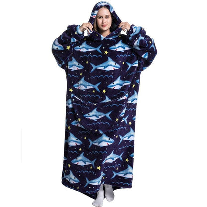 Cute Cartoon Print Comfortable Hoodie Blanket, 1 Count 320Gsm Oversized Comfortable Wearable Hooded Sweatshirt Pullover, Room Accessories, Wearable Blanket Hoodie with Big Pocket, Throw Blanket, Boyfriend Gift
